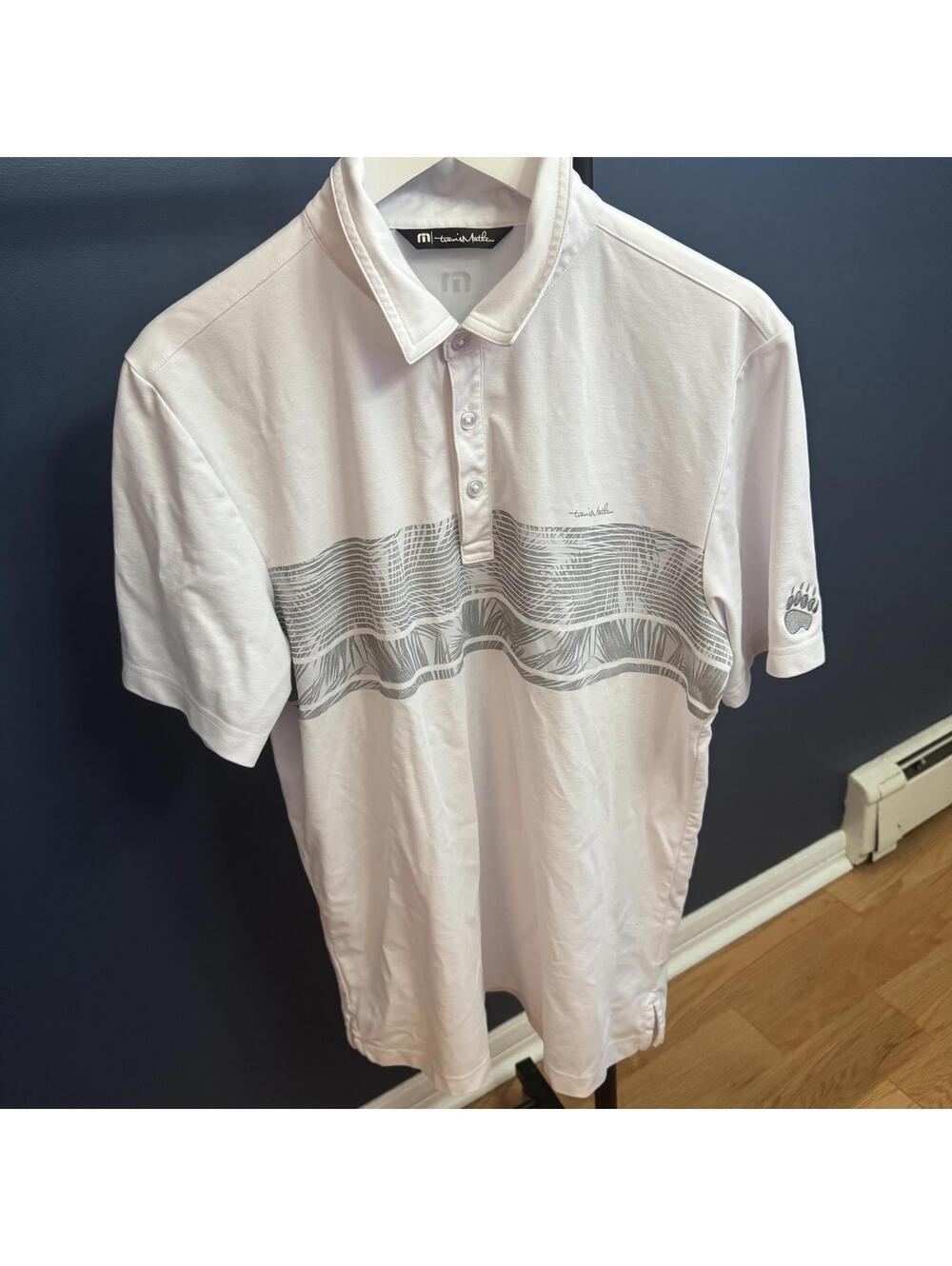 Travis Mathew Polo, White Palm Stripe Design, Bear Claw Logo, Mens Large